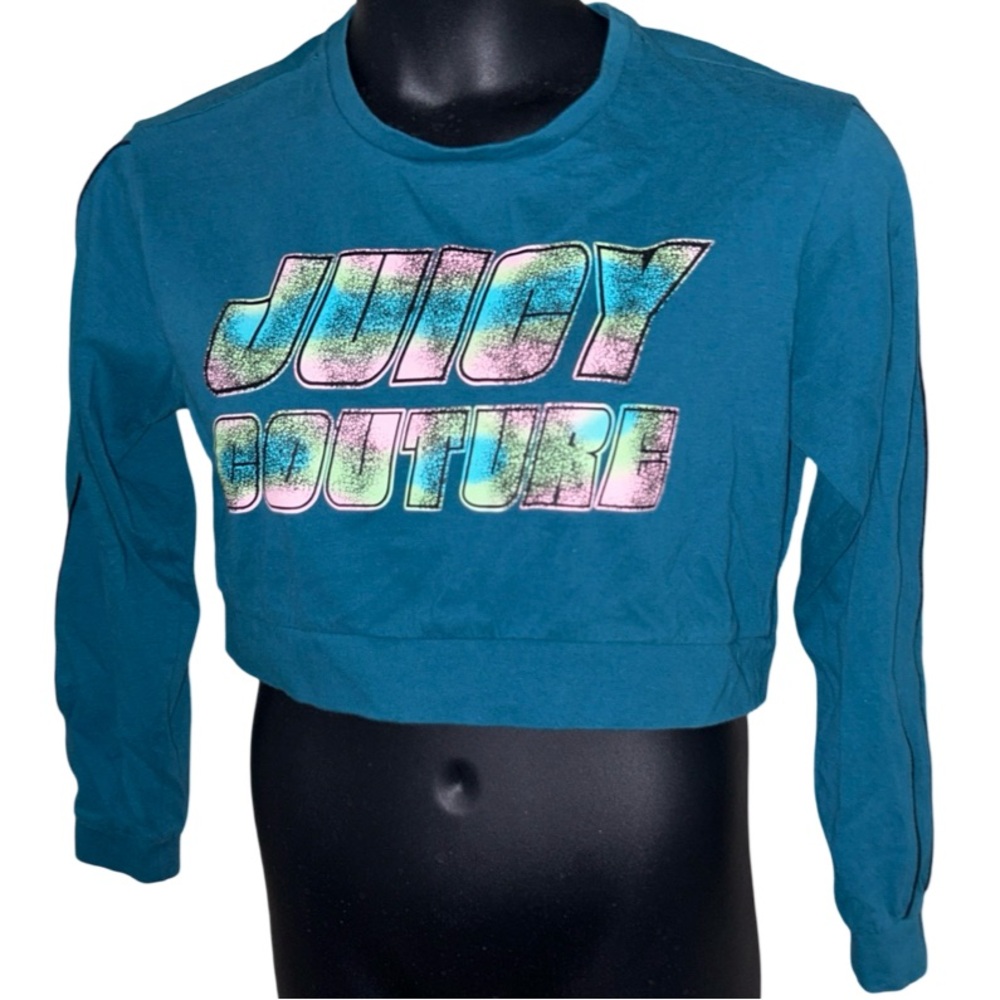 JUICY COUTURE SAPPHIRE WAVE TEAL PINK GREEN & BLACK LOGO CROPPED SWEATSHIRT NWT